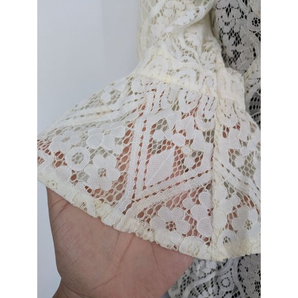 Chicos Sheer Lace Peplum Top Size M Zip Up Bell Sleeve Floral Feminine Romantic - Picture 3 of 11